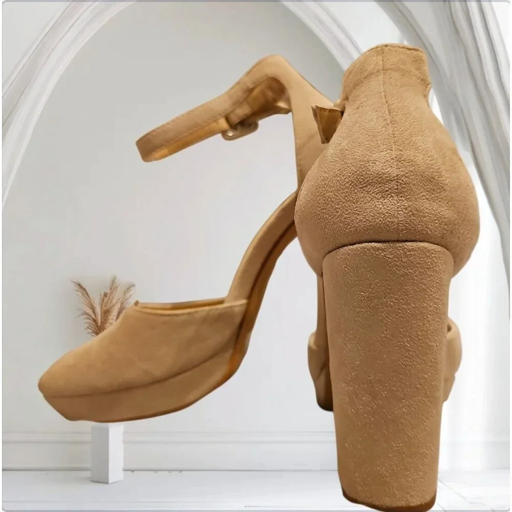 Nude Faux Suede Chunky Heel Platform Ankle Strap Pumps - Picture 6 of 9